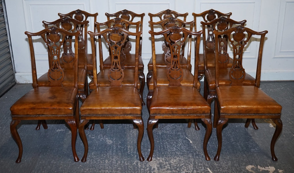 SCOTTISH VICTORIAN SET 12 RESTORED DYED LEATHER DINING CHAIRS BY JOHN TAYLOR