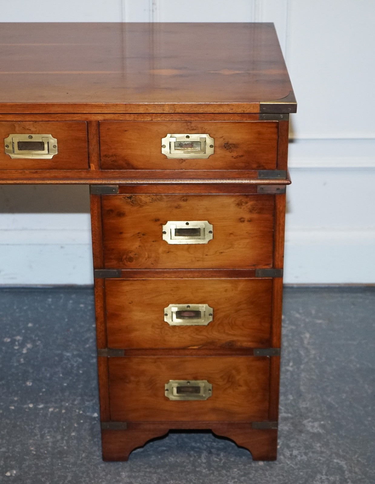 VINTAGE MILITARY CAMPAIGN YEW WOOD TWIN PEDESTAL DESK