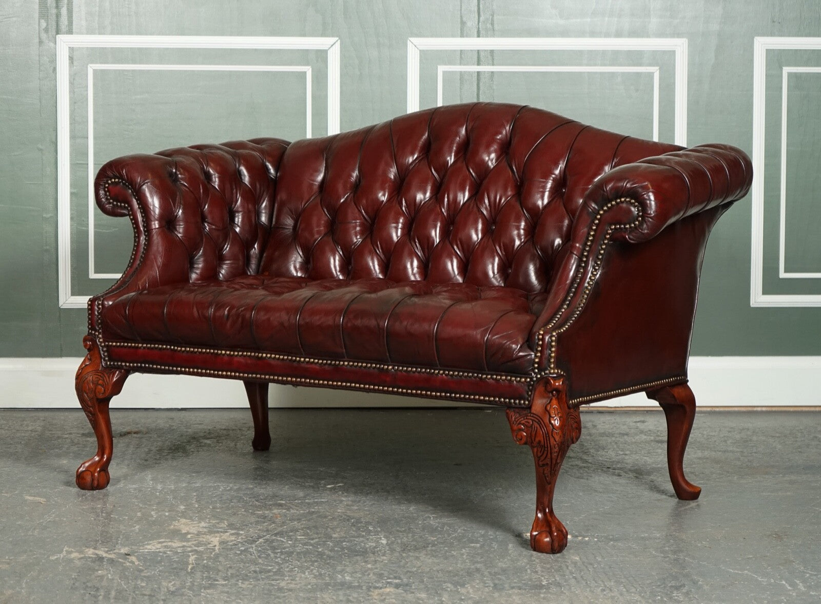 RESTORED HAND DYED BURGUNDY HUMP CAMEL BACK REGENCY CHESTERFIELD BUTTONED SOFA