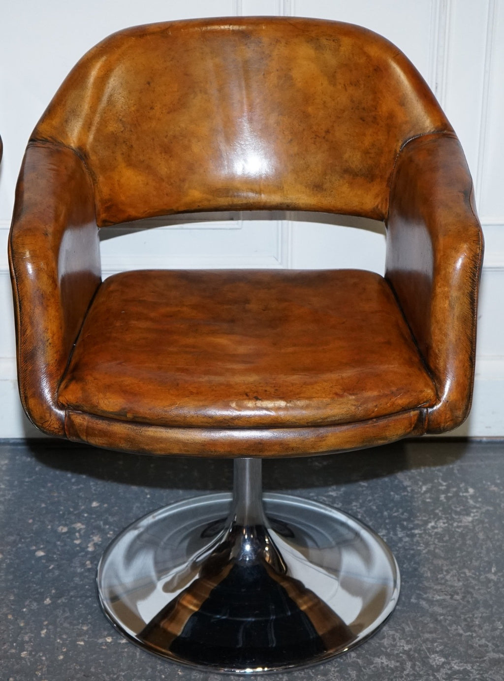 SET OF FOUR RESTORED HAND DYED LEATHER LARGO JOHANSON DESIGN SWIVEL ARMCHAIRS