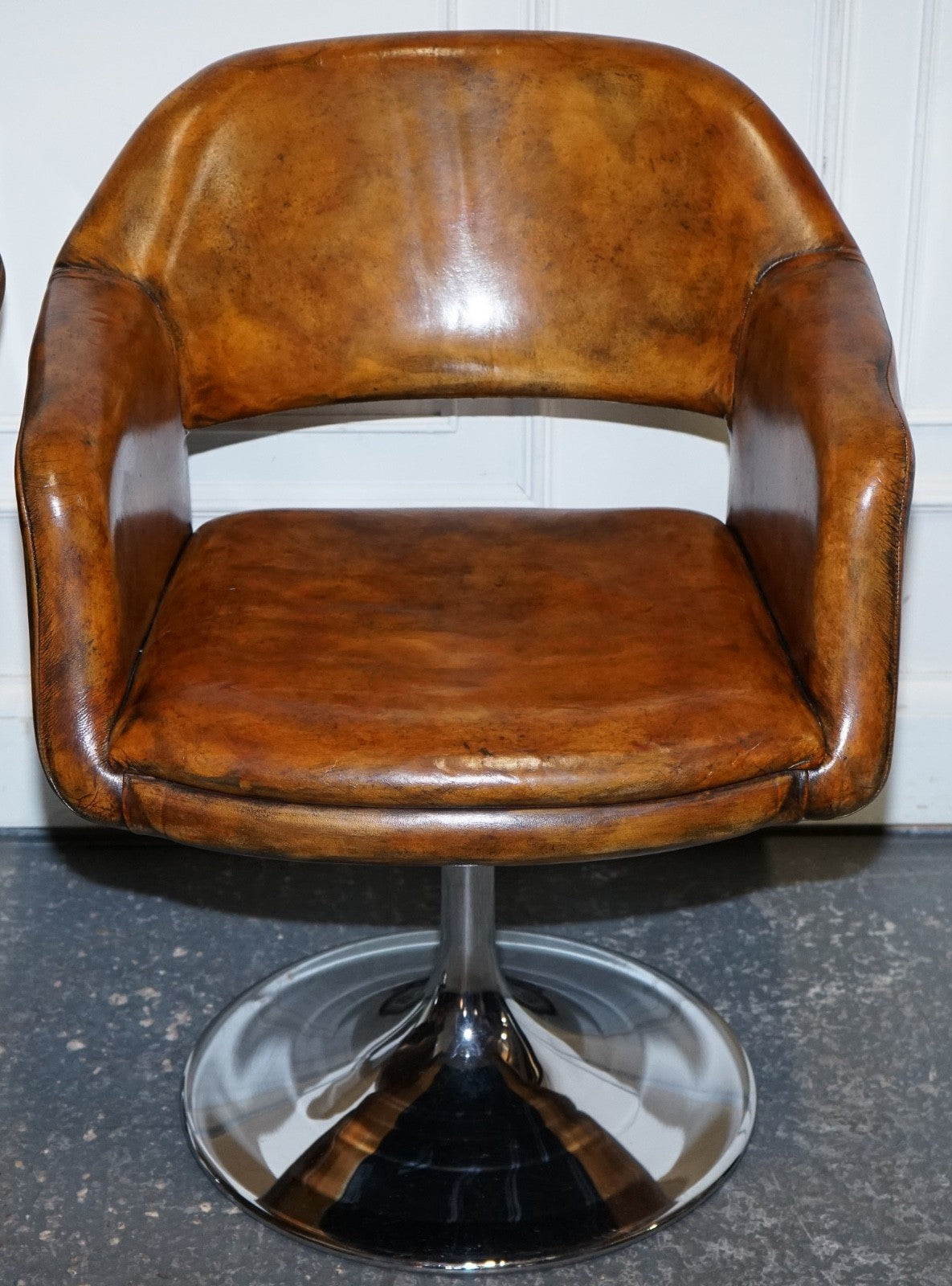 SET OF FOUR RESTORED HAND DYED LEATHER LARGO JOHANSON DESIGN SWIVEL ARMCHAIRS