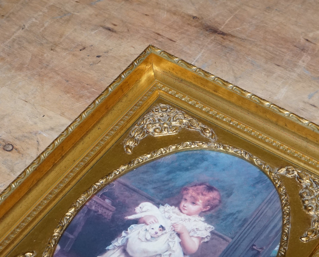 VINTAGE VICTORIAN STYLE PRINT GIRL WITH DOG AND PUPPIES GITLED FRAME 52 X 42 CM