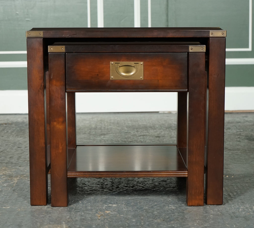 VINTAGE MAHOGANY & BRASS MILITARY CAMPAIGN NEST OF TABLES WITH DRAWER
