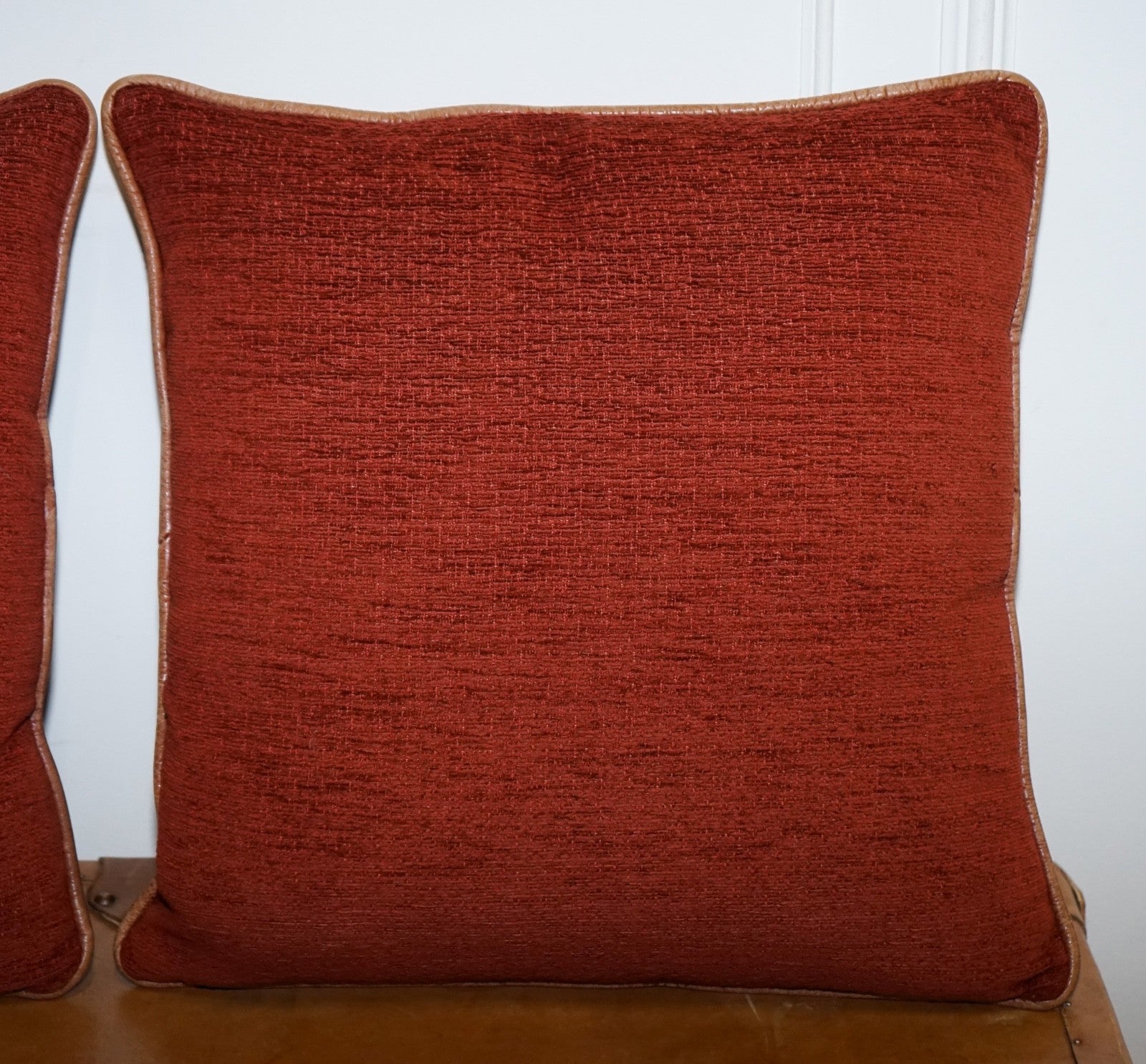 VINTAGE PAIR OF FEATHER FILLED CHESTNUT BROWN LEATHER & FABRIC SCATTER CUSHIONS