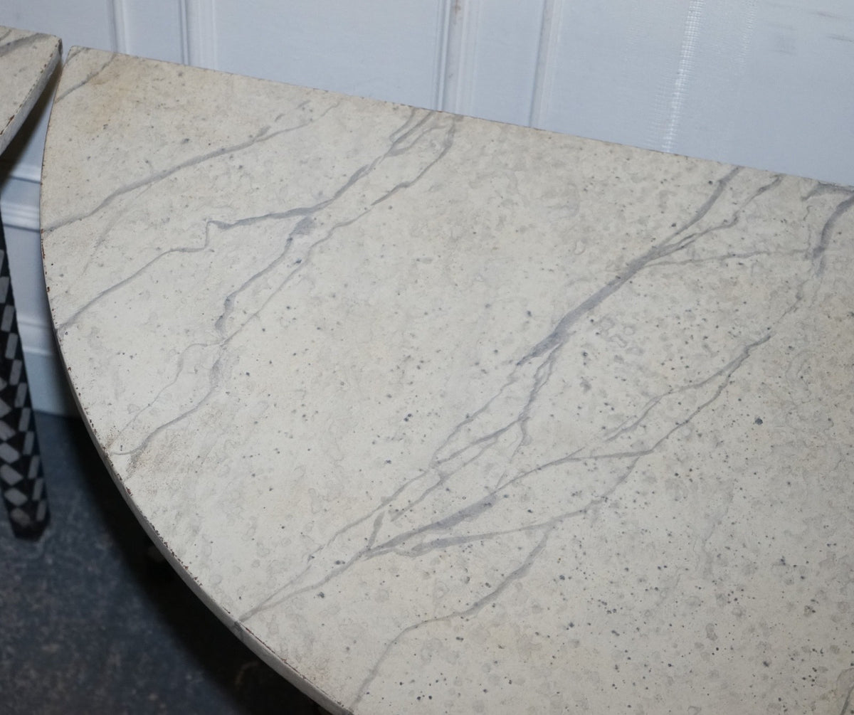 ENGLISH GEORGIAN HAND PAINTED PAIR OF DEMI LUNE SIDE CONSOLE TABLE MARBLE EFFECT