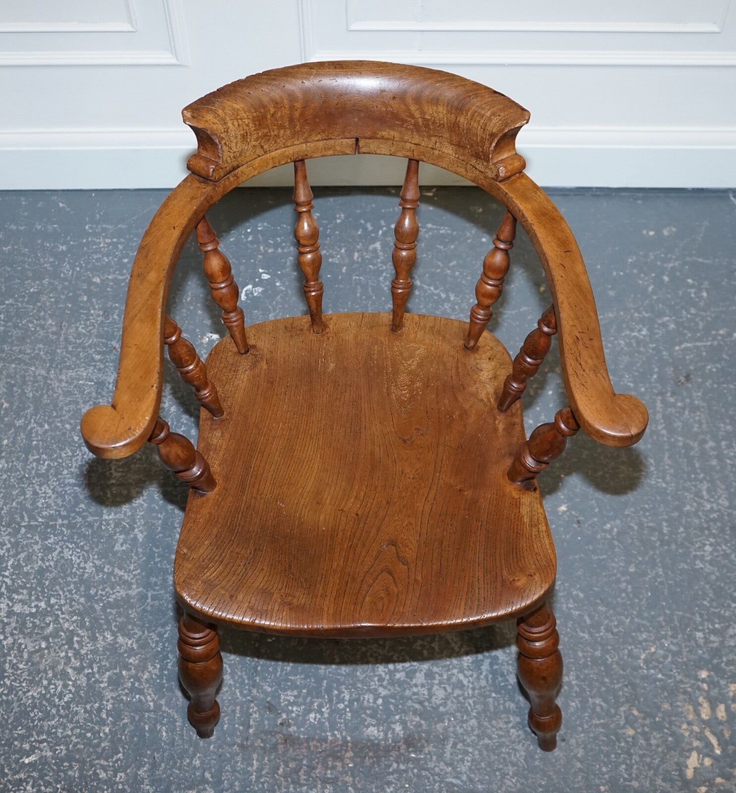 GORGEOUS PATINA EDWARDIAN SOLID ELM BOW BACK SMOKERS CAPTAINS CHAIR