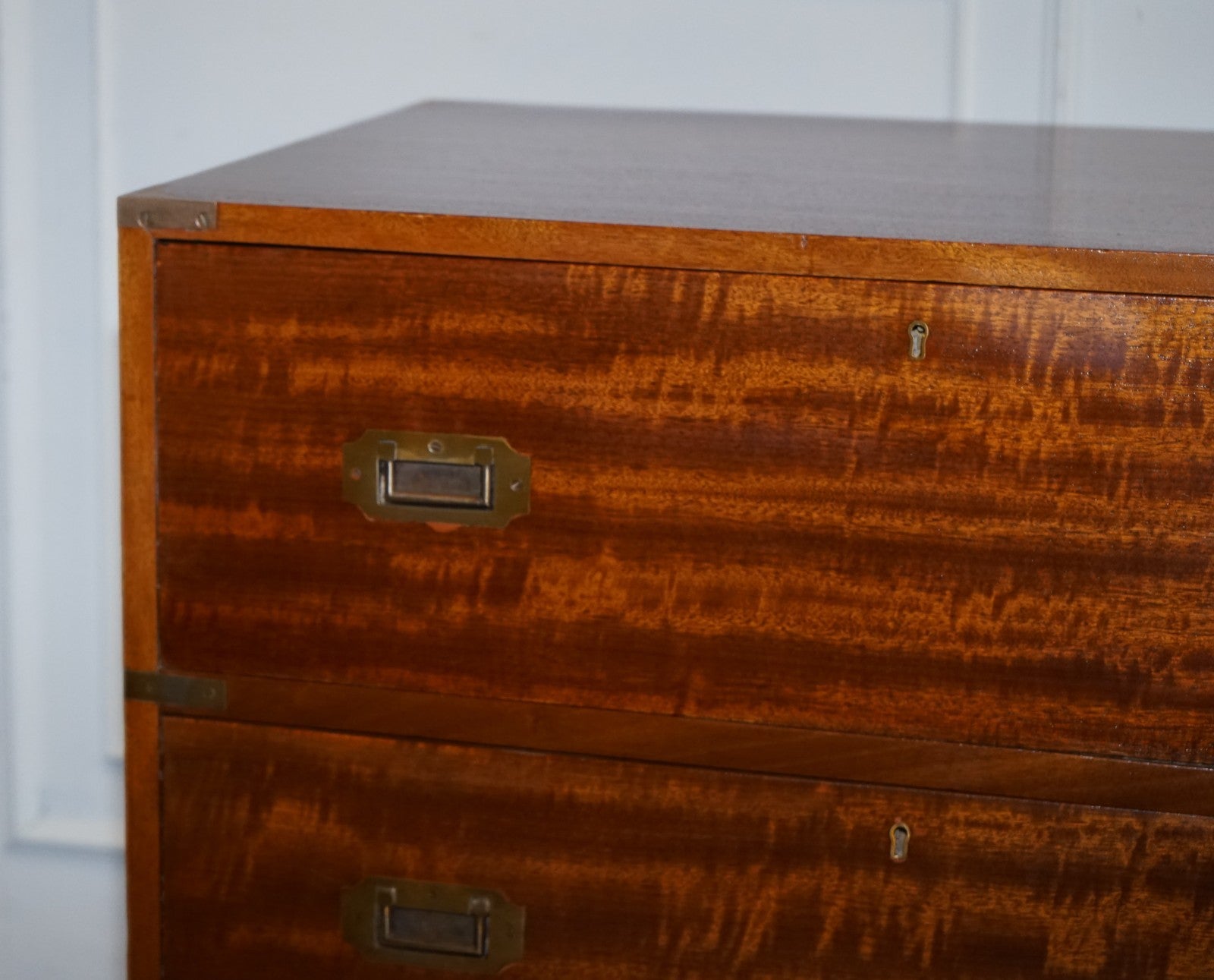 VINTAGE MILITARY CAMPAIGN SECRETAIRE CHEST OF DRAWERS WITH AGED RED LEATHER