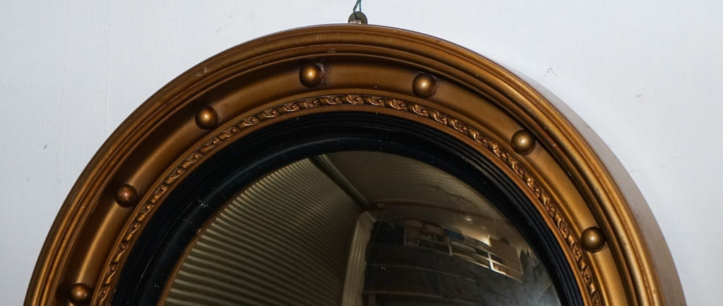 ANTIQUE 1920'S BUTLERS CONVEX BLACK & GOLD GILT WOOD WALL MIRROR