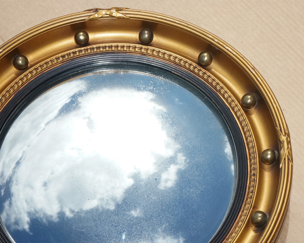 ANTIQUE 1920'S BUTLERS CONVEX GOLD GILT WOOD WALL SLIGHTLY FOXED MIRROR