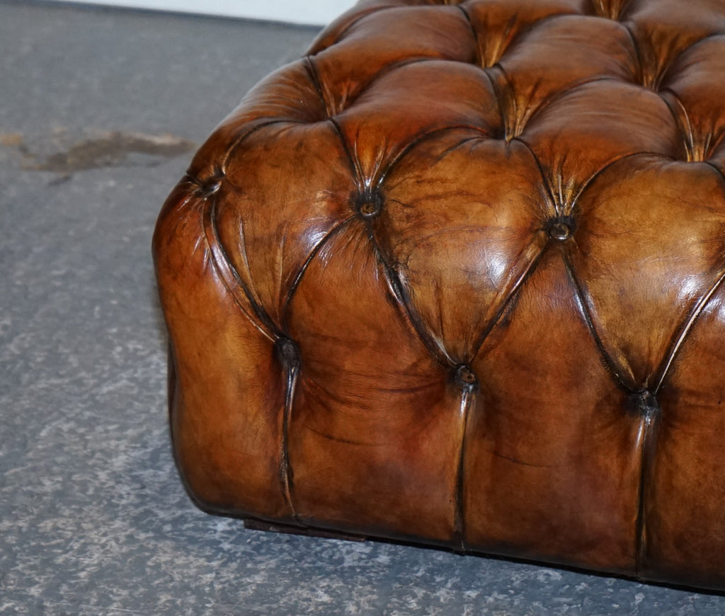 STUNNING LARGE HAND DYED BROWN LEATHER CHESTERFIELD FOOTSTOOL OTTOMAN