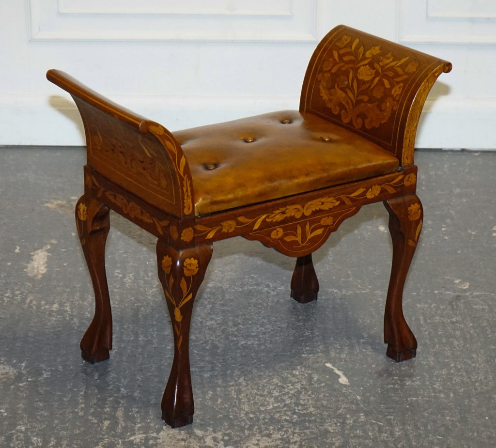 ANTIQUE 1860 DUTCH MARQUETRY WINDOW PIANO STOOL WITH HAND DYED CHESTERFIELD SEAT