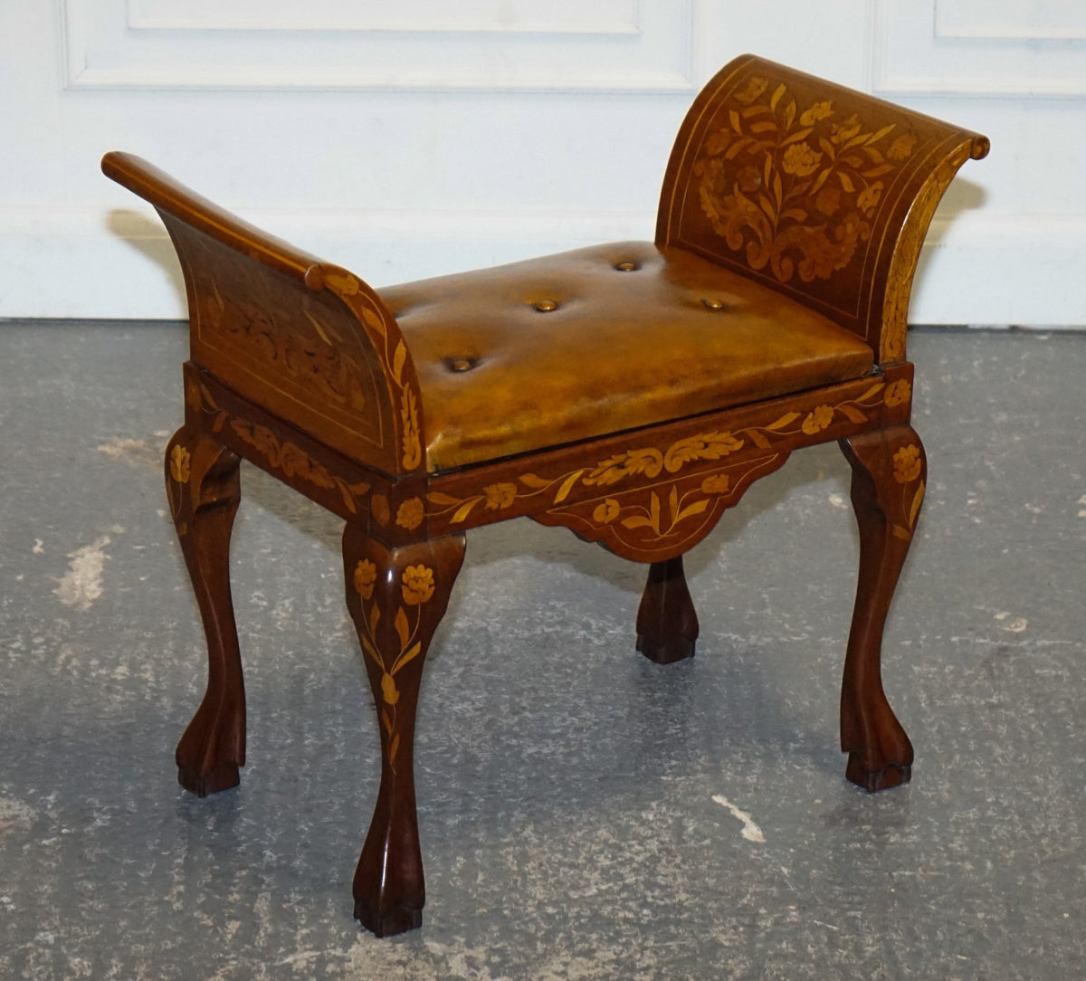 ANTIQUE 1860 DUTCH MARQUETRY WINDOW PIANO STOOL WITH HAND DYED CHESTERFIELD SEAT
