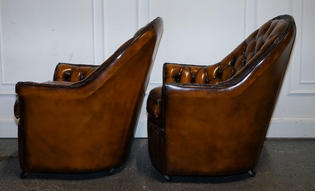 RARE PAIR OF BROWN HAND DYED LEATHER CHESTERFIELD ARMCHAIRS WITH PLEATED FRONT