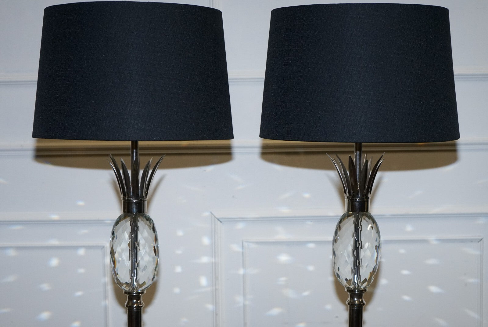 PAIR OF LOVELY FLOOR LAMPS WITH PINEAPPLE DESIGN STAINLESS STEEL BLACK SHADE