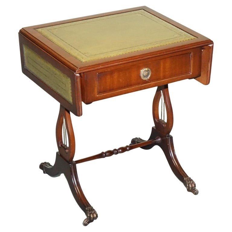REGENCY STYLE HARDWOOD SIDE TABLE WITH GREEN LEATHER iNSET TOP & DROP LEAVES