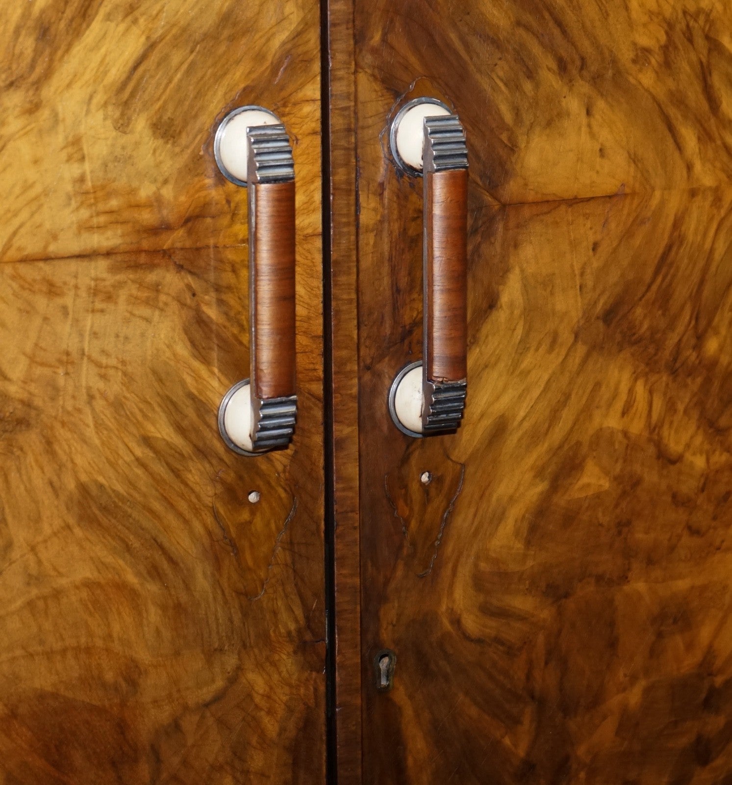 STUNNING ART DECO 1920 LARGE BURR WALNUT TWO DOOR WARDROBE OR AMOIRE