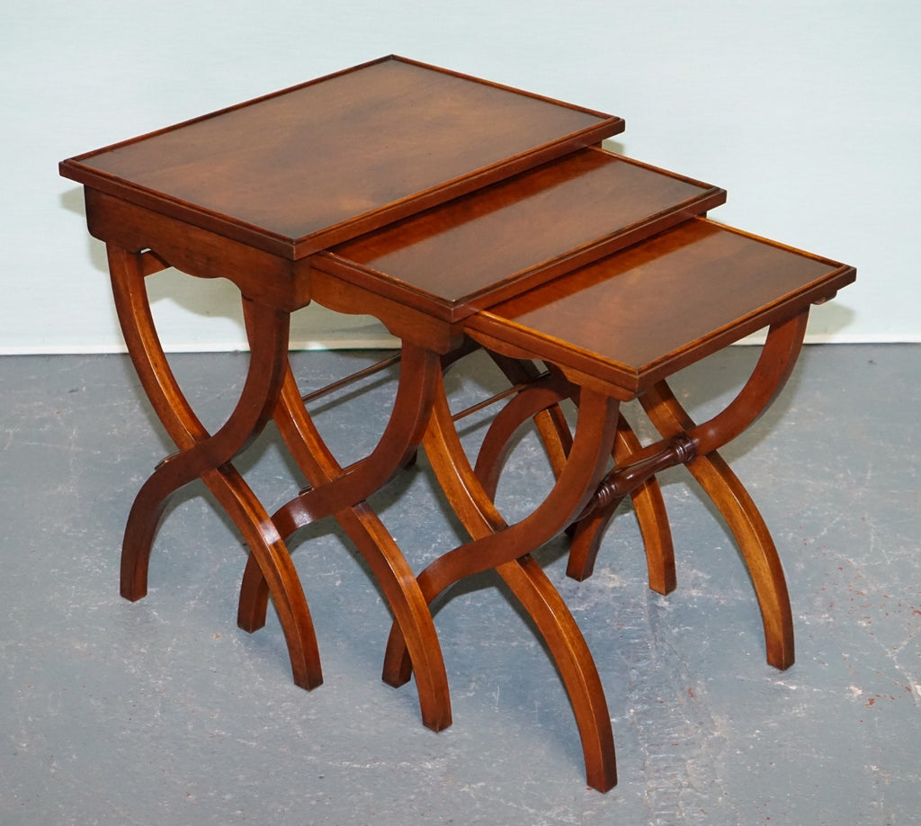 VINTAGE HARDWOOD NEST OF TABLES WITH LYRE FORM LEGS