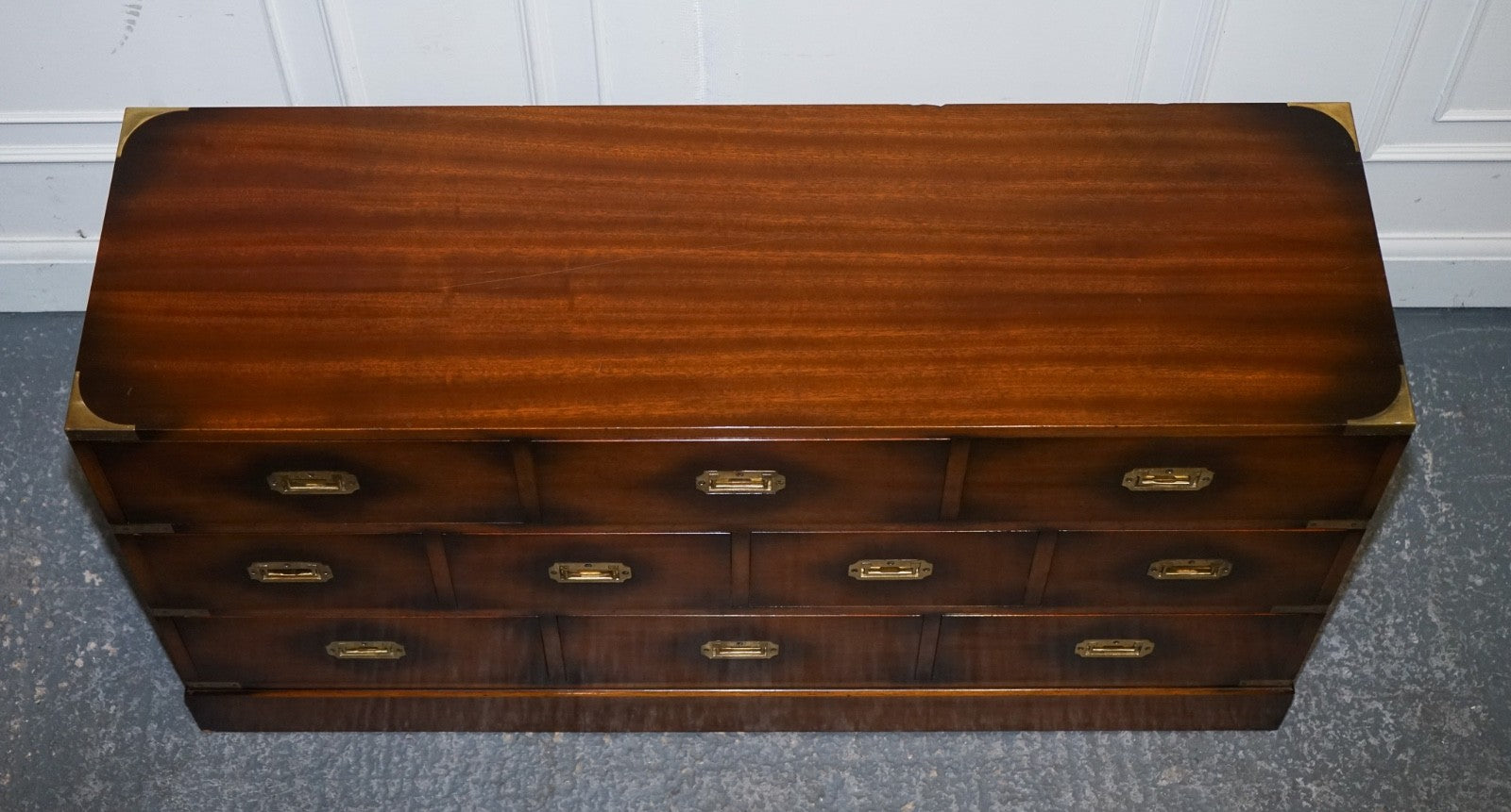 VINTAGE JANSEN OF LONDON MILITARY CAMPAIGN BRASS SIDEBOARD CHEST OF DRAWERS