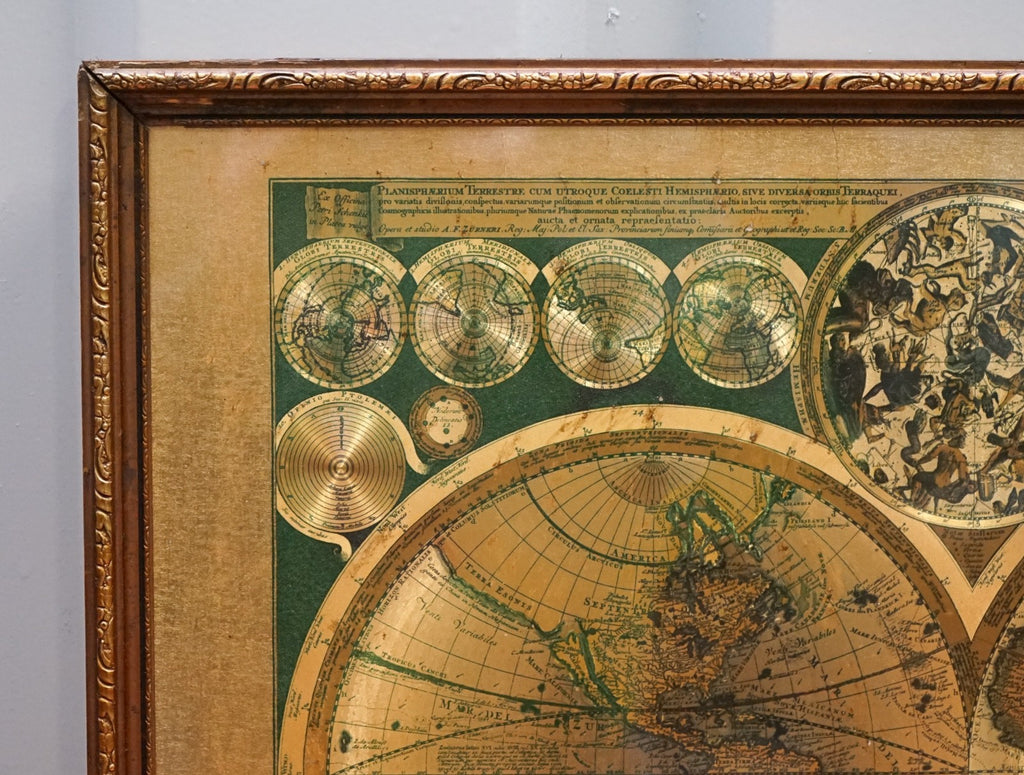 VINTAGE FRAMED PRINT PLANISPHAERIUM TERRESTRE GOLD FOIL MAP WORLD PETER SCHENK