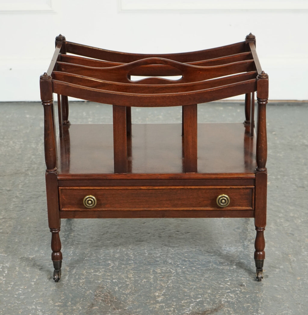 VINTAGE MAHOGANY CANTERBURY NEWSPAPER RACK WITH BRASS HANDLES