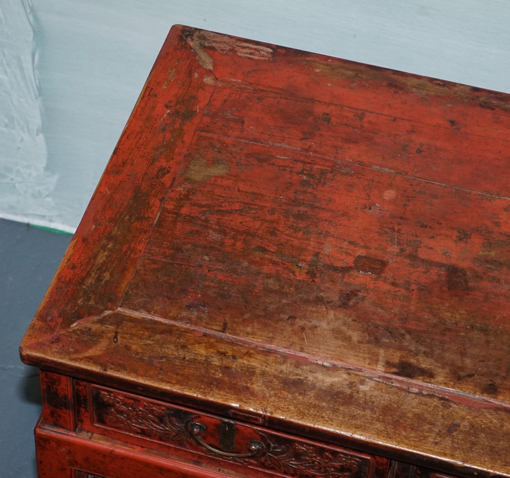 1800 ANTIQUE QING DYNASTY LACQUERED ORIENTAL CHINESE CONSOLE TABLE CARVED FLORAL