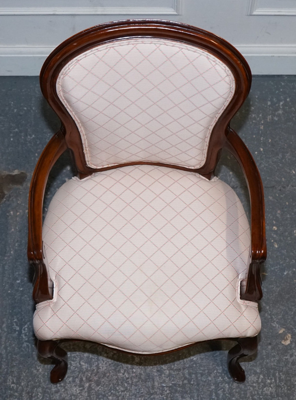 VINTAGE FRENCH STYLE WALNUT UPHOLSTERED SALON ARMCHAIR