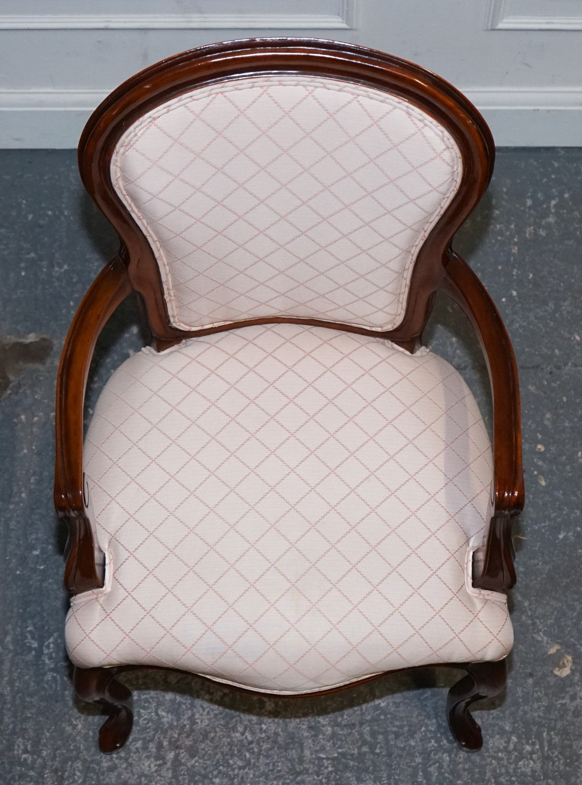 VINTAGE FRENCH STYLE WALNUT UPHOLSTERED SALON ARMCHAIR