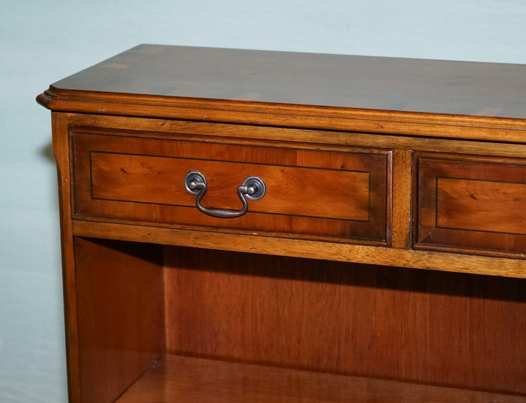 VINTAGE BURR YEW WOOD OPEN DWARF LIBRARY BOOKCASE WiTH TWO DRAWERS