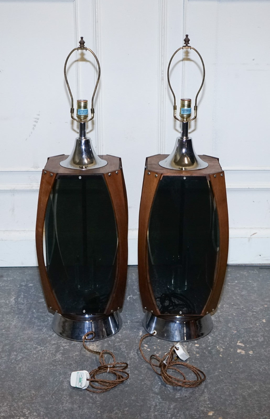 PAIR OF LARGE MODERN DANISH ACRYLIC & TEAK MID CENTURY LAMPS