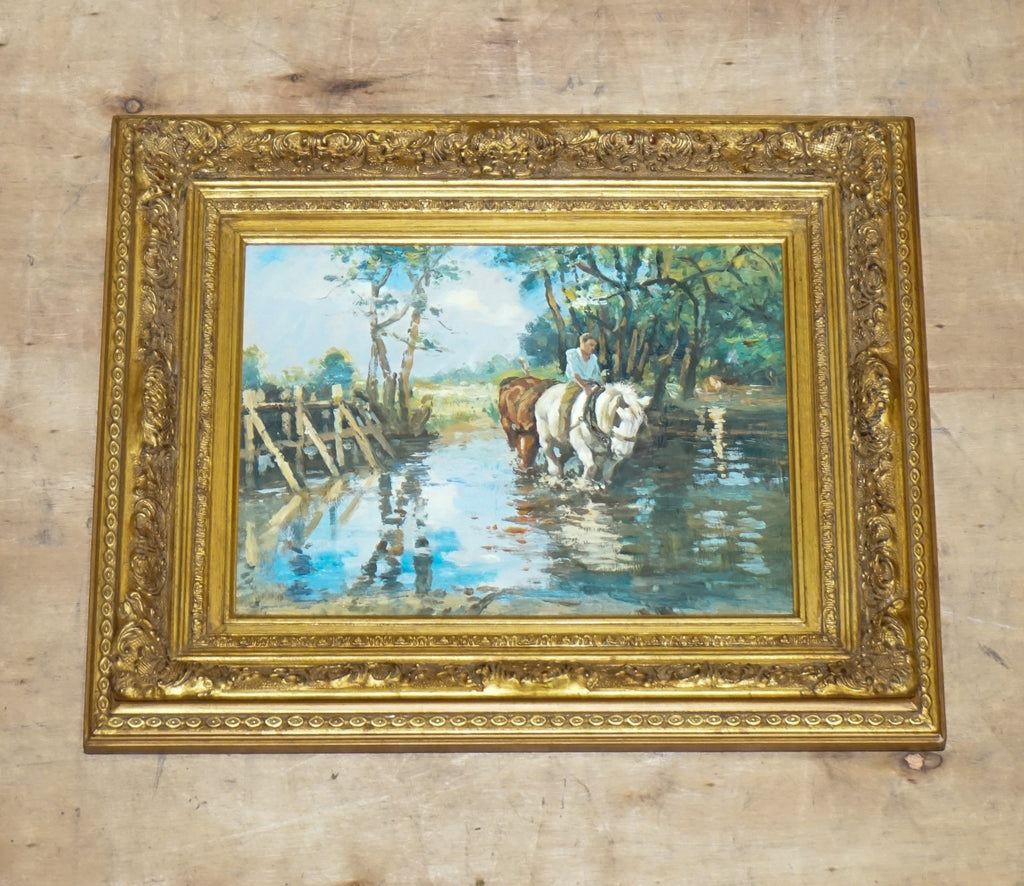 ANTIQUE OIL PAINTING HORSE RIDER CROSSING A STREAM GILTED FRAME 49 X 60 CM