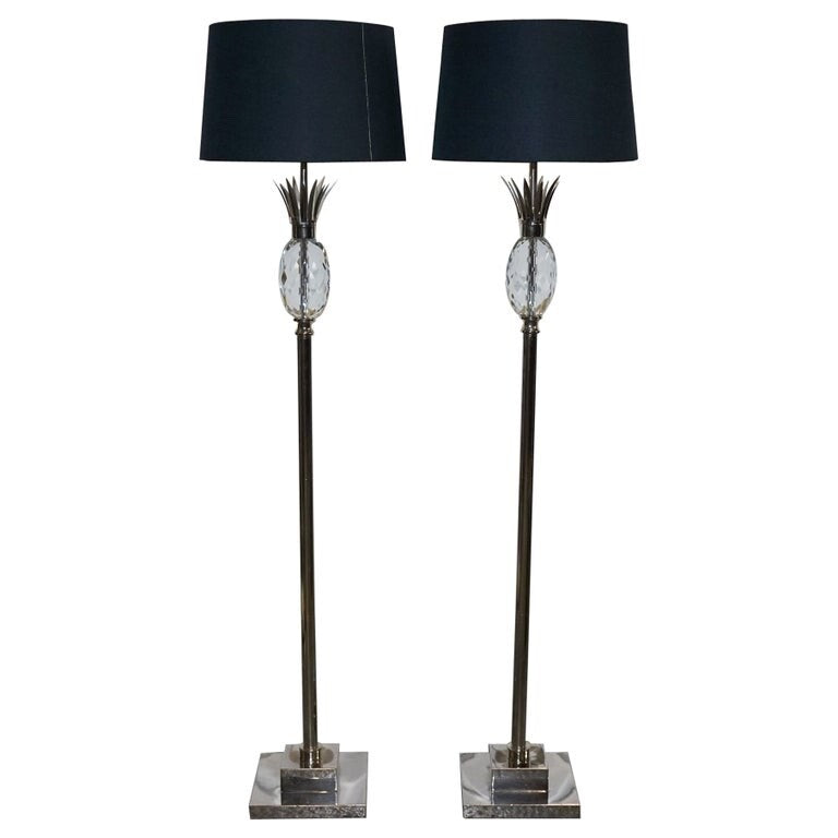 PAIR OF LOVELY FLOOR LAMPS WITH PINEAPPLE DESIGN STAINLESS STEEL BLACK SHADE