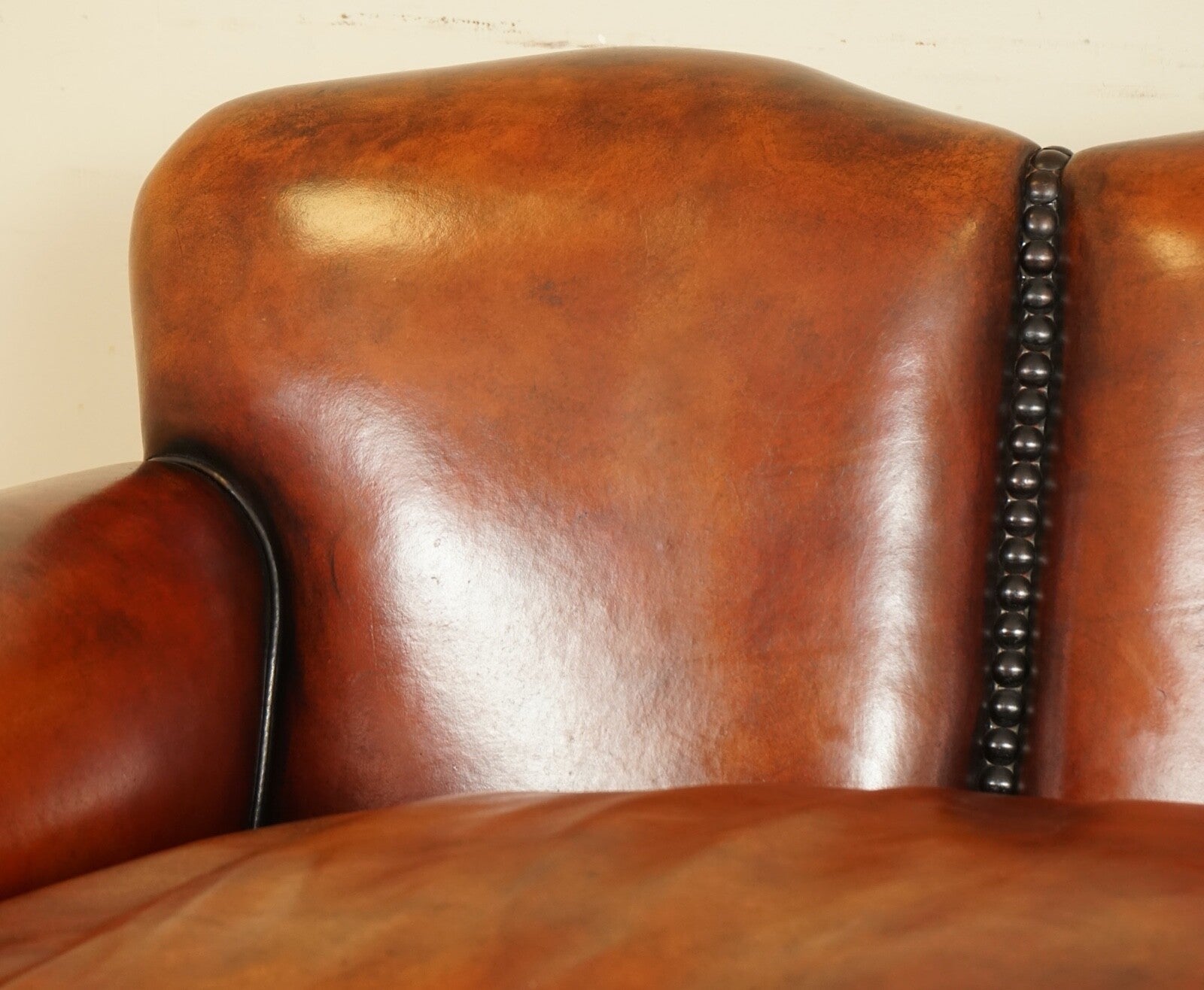 FULLY RESTORED HAND DYED WHISKY BROWN EDWARDIAN SOFA WITH FEATHER FILLED CUSHION