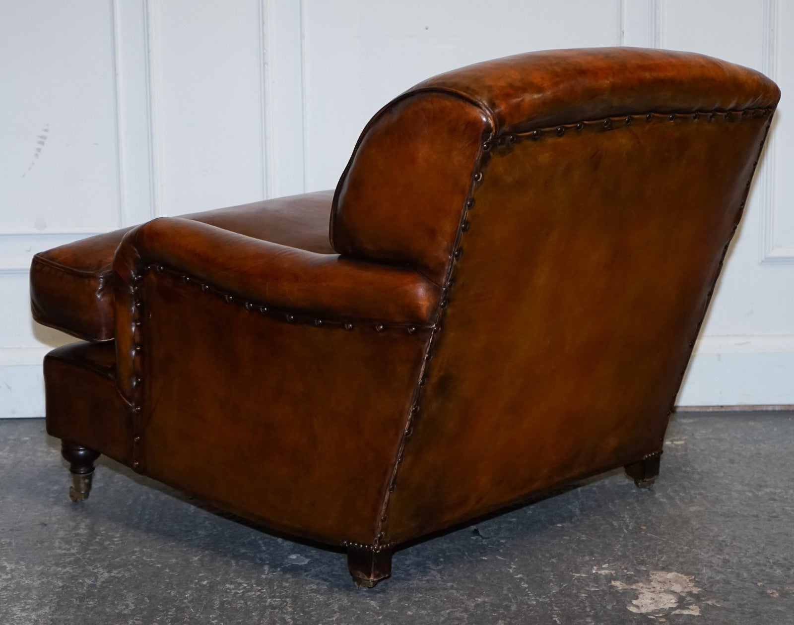 LARGE PAIR HOWARD STYLE HAND DYED LEATHER ARMCHAIRS FEATHER FILLED CUSHIONS