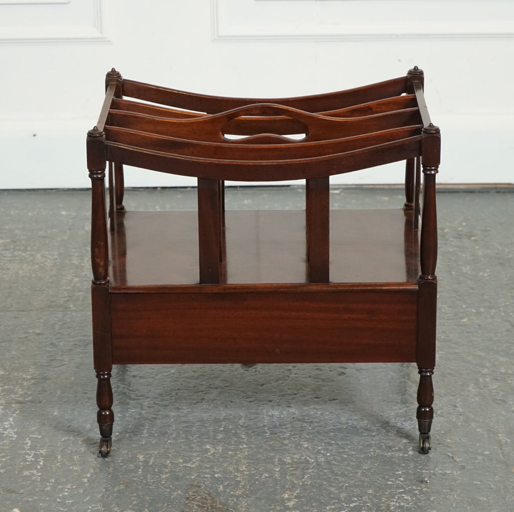 VINTAGE MAHOGANY CANTERBURY NEWSPAPER RACK WITH BRASS HANDLES