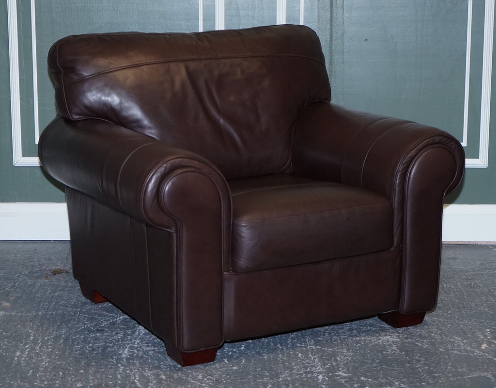 PAIR OF LARGE COMFORTABLE BROWN LEATHER ARMCHAIRS, MATCHING SOFA AVAILABLE