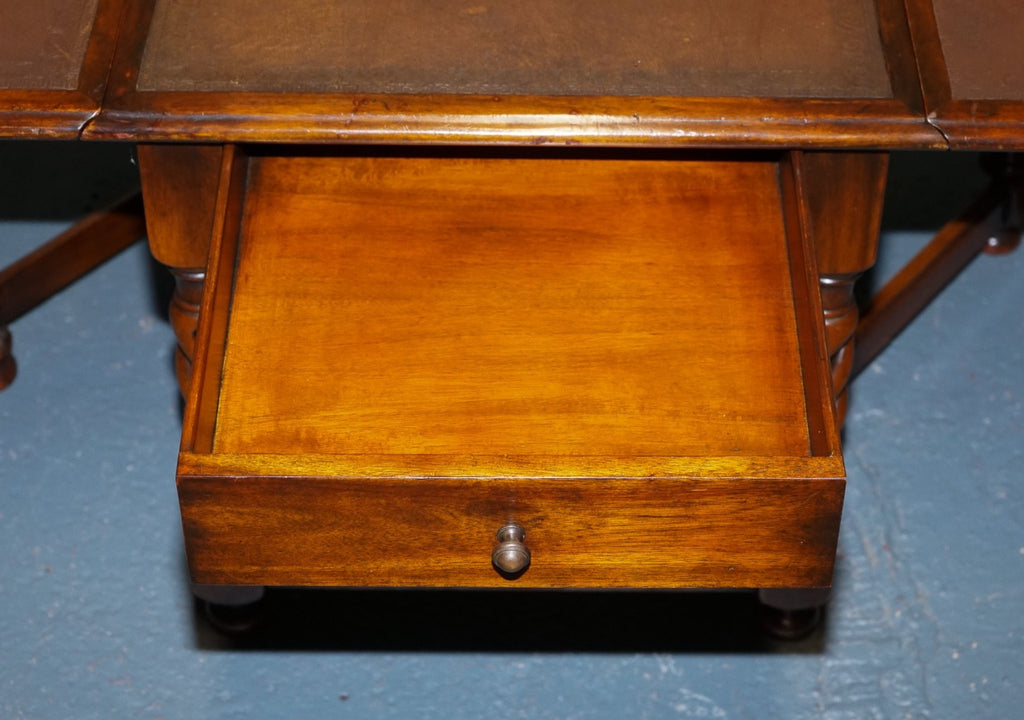 ELEGANT THEODORE ALEXANDER DROP LEAF BARLEY TWIST TABLE WITH LEATHER TOP