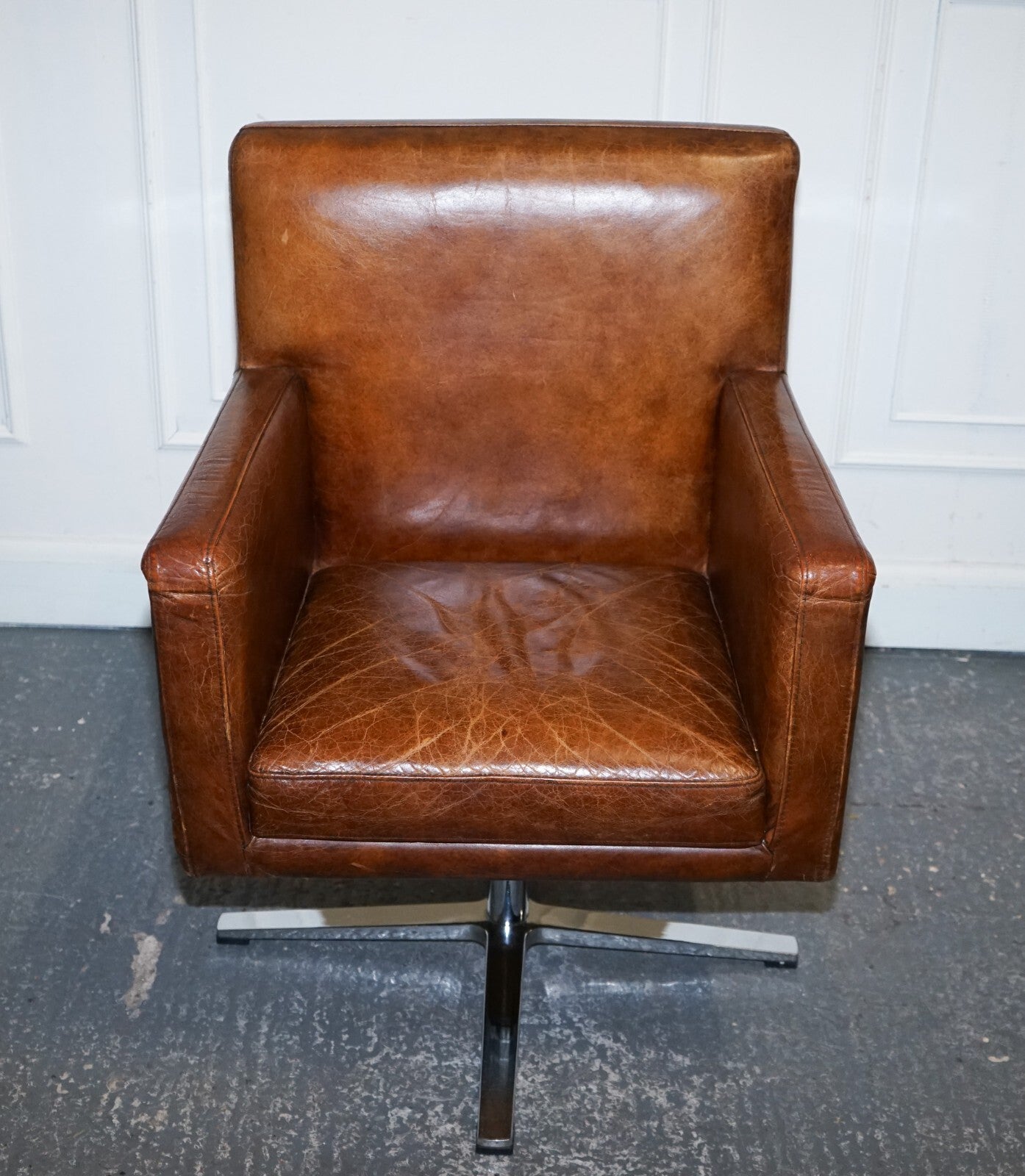VINTAGE BROWN LEATHER AVIATOR METAL SWIVEL OFFICE CAPTAINS ARMCHAIR