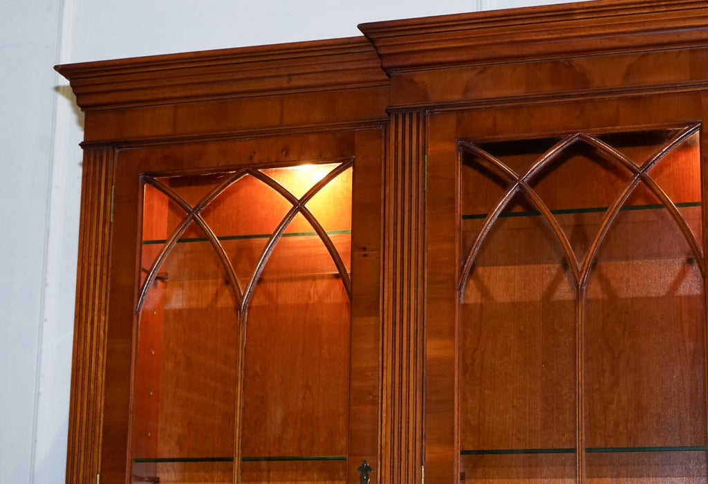 STUNNING GEORGIAN STYLE  BURR YEW BREAKFRONT FOUR DOOR DISPLAY CABINET BOOKCASE