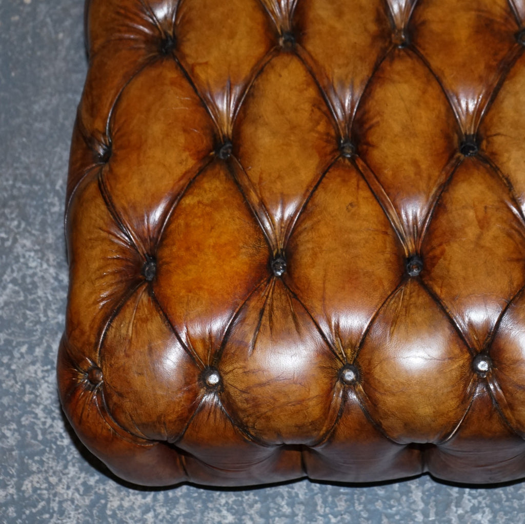 STUNNING LARGE HAND DYED BROWN LEATHER CHESTERFIELD FOOTSTOOL OTTOMAN