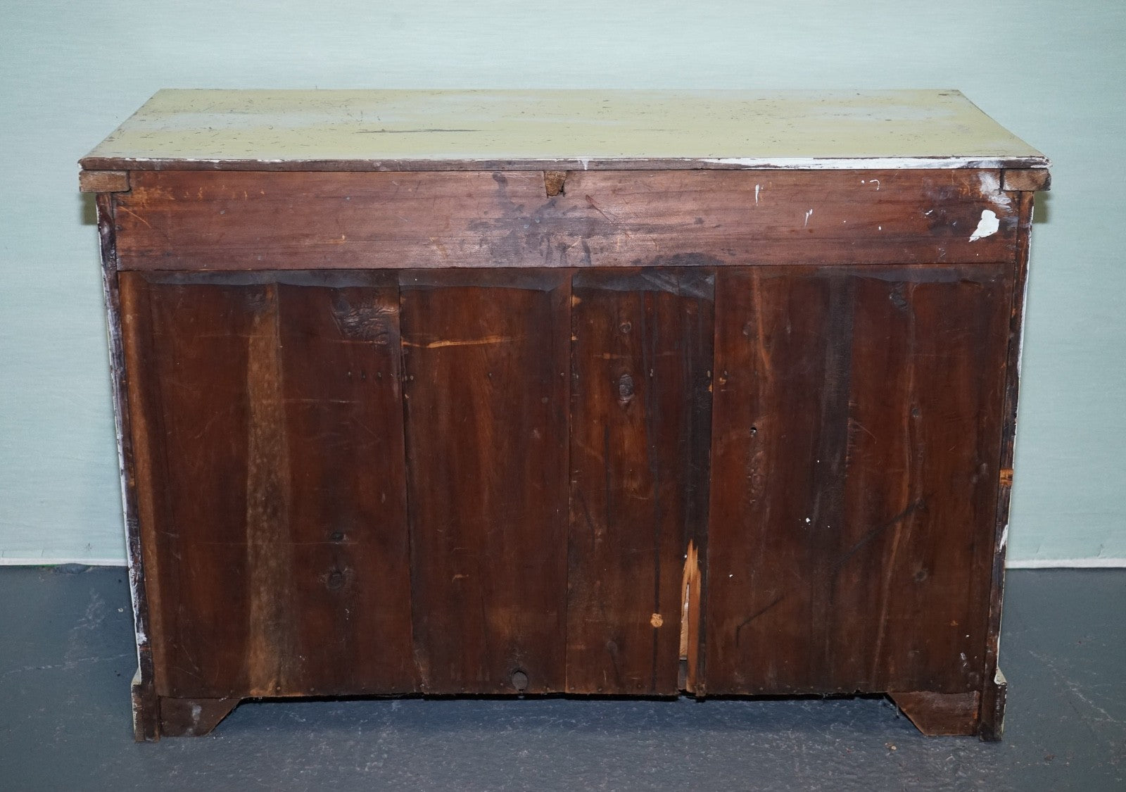 ANTIQUE HAND PAINTED PALE PINE GREEN THREE DRAWER CHEST OF DRAWERS