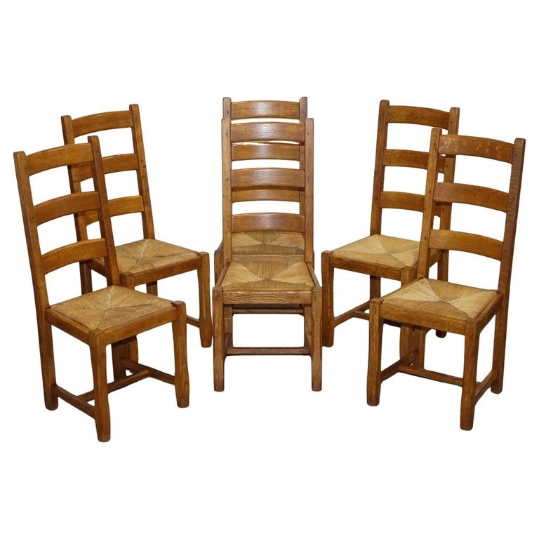 1950'S FRENCH SET OF 6 FARM COUNTRY HOUSE LADDER BACK DINING CHAIRS STRAW SEATS