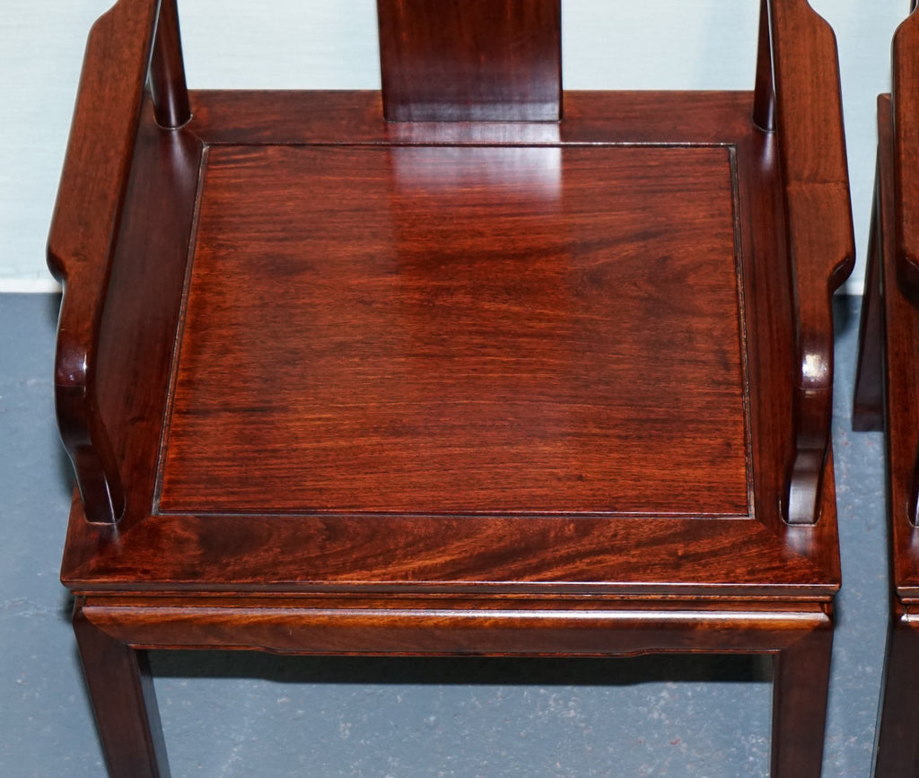SET OF TEN VINTAGE ORIENTAL CHINESE HARDWOOD CARVER DINING ARMCHAIRS W/ CUSHIONS