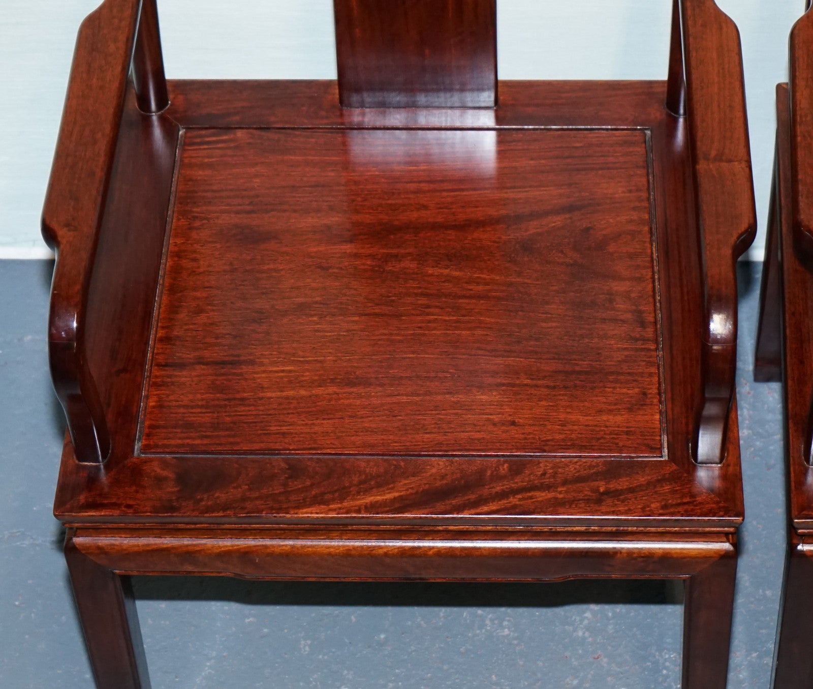 SET OF TEN VINTAGE ORIENTAL CHINESE HARDWOOD CARVER DINING ARMCHAIRS W/ CUSHIONS