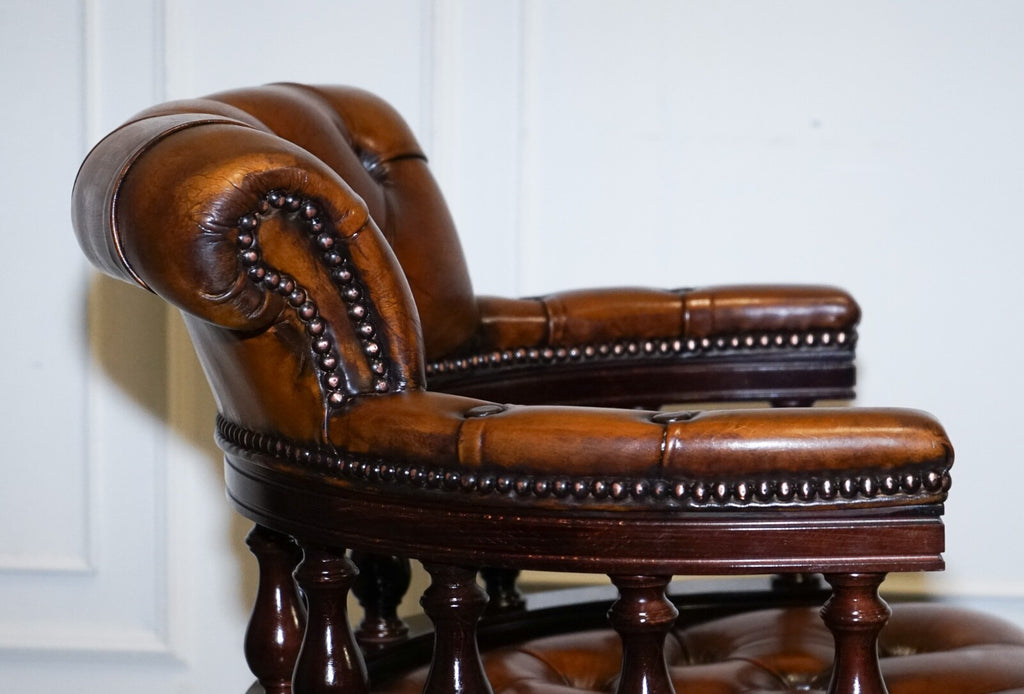 FULLY RESTORED CIGAR BROWN LEATHER CHESTERFIELD CAPTAINS OFFICE SWIVEL ARMCHAIR