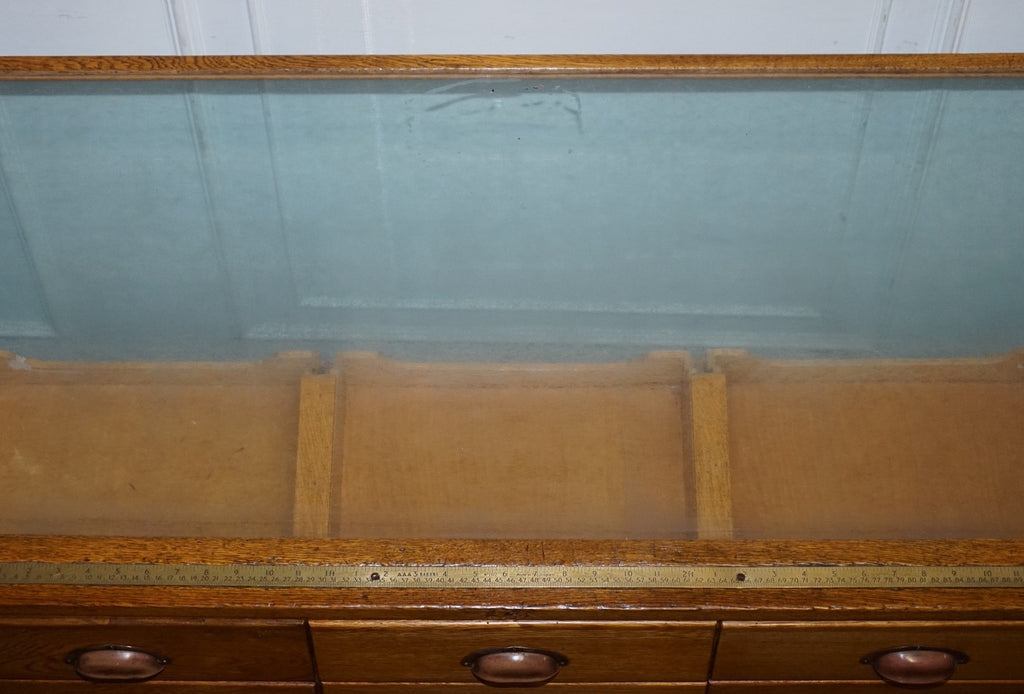 ANTIQUE 1920 ENGLISH VICTORIAN OAK HABERDASHERY SHOP COUNTER WITH ORIGINAL GLASS