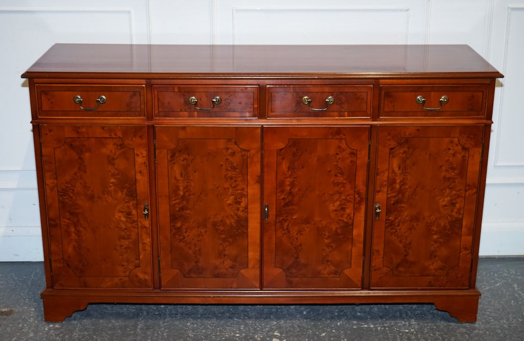 VINTAGE BURR YEW WOOD SIDEBOARD WITH FOUR CUPBOARDS & DRAWERS