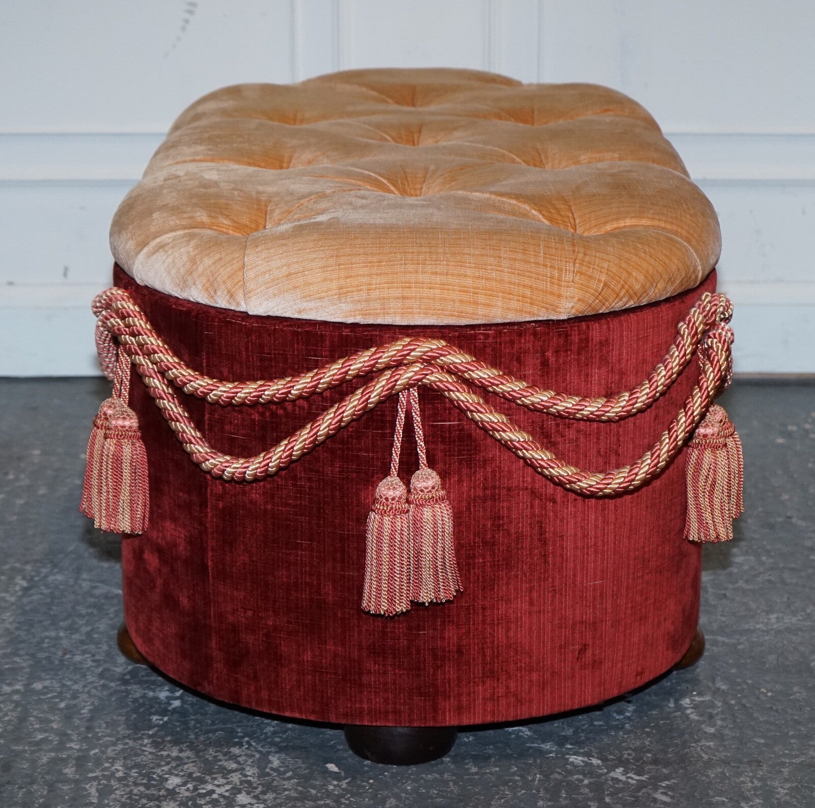 ANTIQUE VICTORIAN FABRIC OTTOMAN BLANKET BED END STORAGE BOX WITH TASSEL ACCENTS