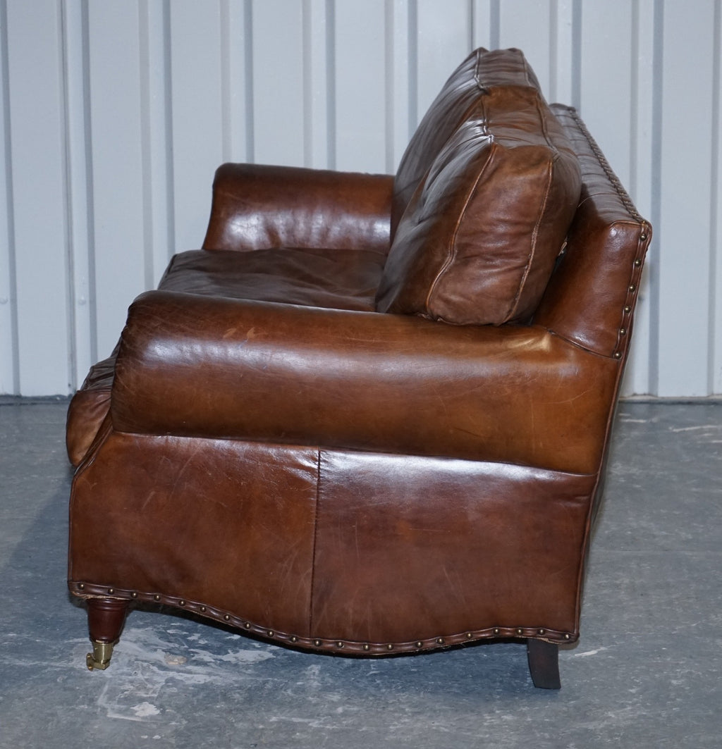 HALO TIMOTHY OULTON STYLE BALMORAL THREE SEATER BROWN HERITAGE LEATHER SOFA