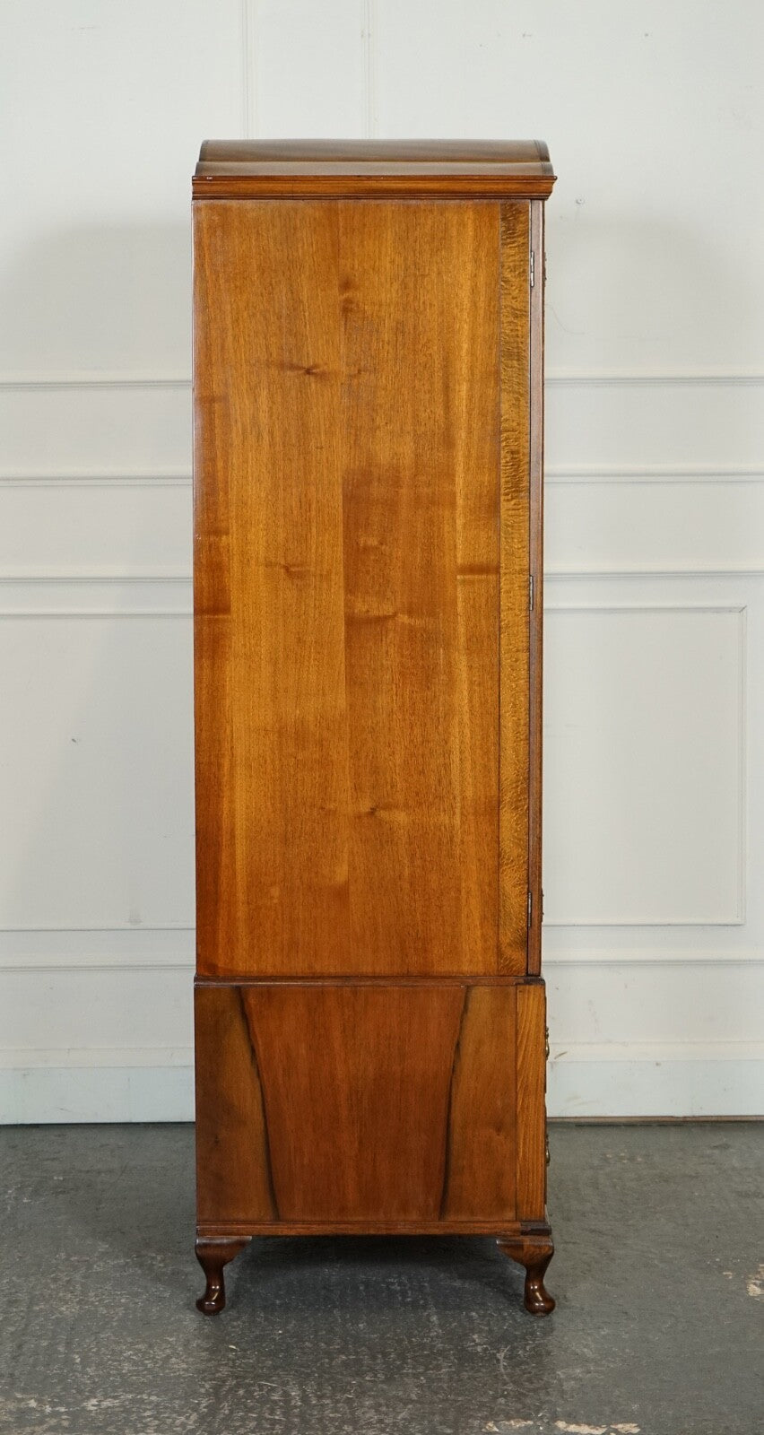 LOVELY 1920'S ART DECO BURR WALNUT WARDROBE WITH TWO DRAWERS QUEEN ANNE LEGS