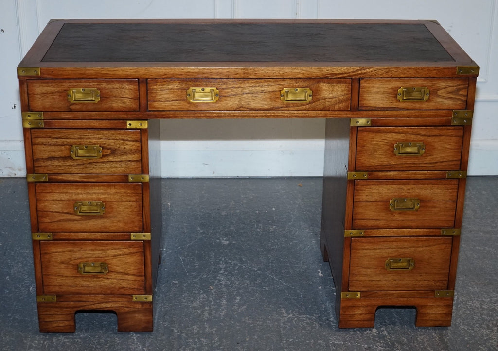 VINTAGE MILITARY CAMPAIGN TWIN PEDESTAL DESK WITH BRASS FITTINGS